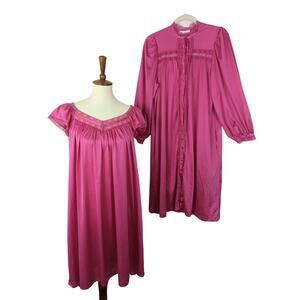 Vintage Miss Elaine Satin Nightgown Robe Set Hot Pink Size S L Union Made USA